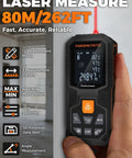 Pro Grade Laser Measuring Tool With 262 Ft Range And 2mm Accuracy, 1mm Resolution, Tripod Mount, Angle Sensor For Fast Home Inspections, Renovations, And DIY Projects handheld laser meter on wall