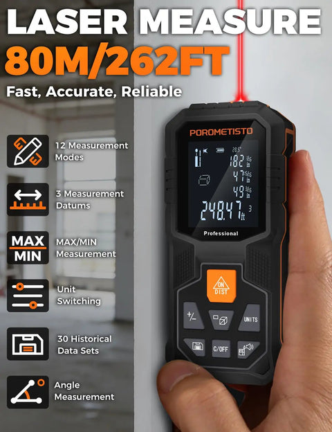 Pro Grade Laser Measuring Tool With 262 Ft Range And 2mm Accuracy, 1mm Resolution, Tripod Mount, Angle Sensor For Fast Home Inspections, Renovations, And DIY Projects handheld laser meter on wall