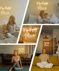 Collage of My Happy Place Neon Sign Warm White Neon Lights for Bedroom Decor in various settings with people relaxing.