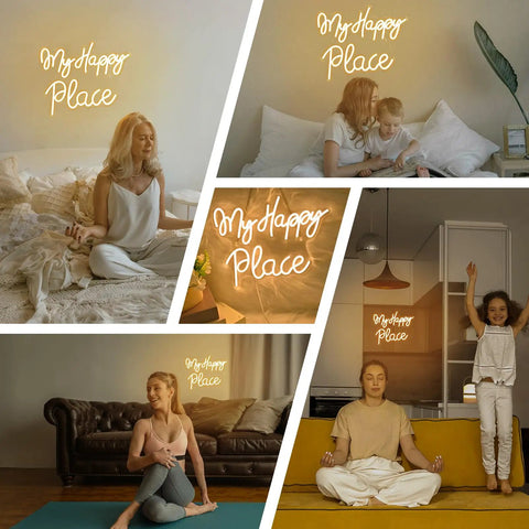 Collage of My Happy Place Neon Sign Warm White Neon Lights for Bedroom Decor in various settings with people relaxing.