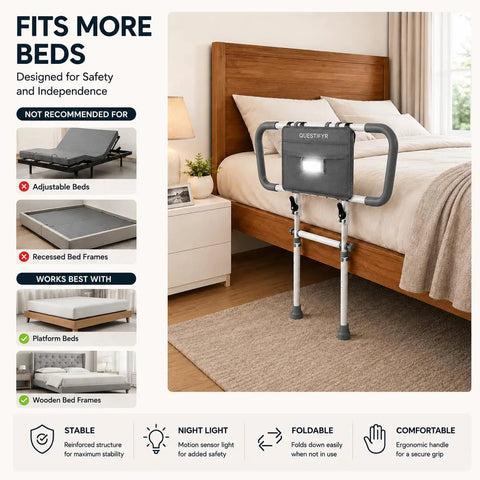 Foldable Bed Rail For Seniors Safety With Motion Sensor Light And Storage Bag, Adjustable Bedside Handle Fits Twin Full Queen King