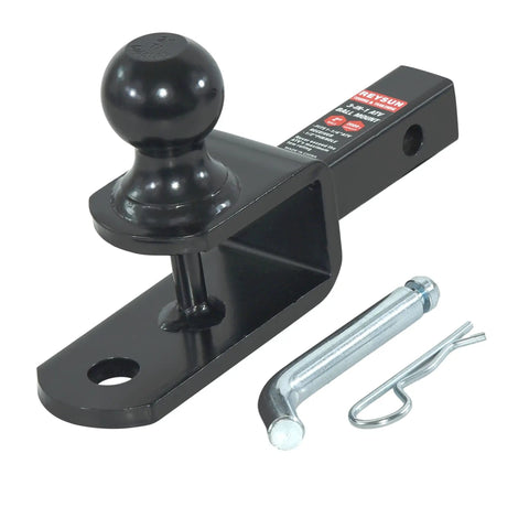 Three In One ATV UTV Trailer Hitch Mount With Two Inch Ball And One Quarter Inch Rise For Tow Straps Fits One And One Quarter Inch Receiver Includes Clevis Mount Hole Ready To Roll. Black steel ATV UTV hitch mount with 2-inch ball, clevis pin, and hitch pin