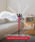 Heavy Duty Dusting Kit With Extendable 3 Ft Handle And Stay On Duster Hook Includes 3 Disposable Refills Traps 3X More Dust Than Feather Dusters Pro Grade Flexible Cleaning Fibers For Home Or Garage Cleanups with adjustable angles feature, displayed in living room setting.