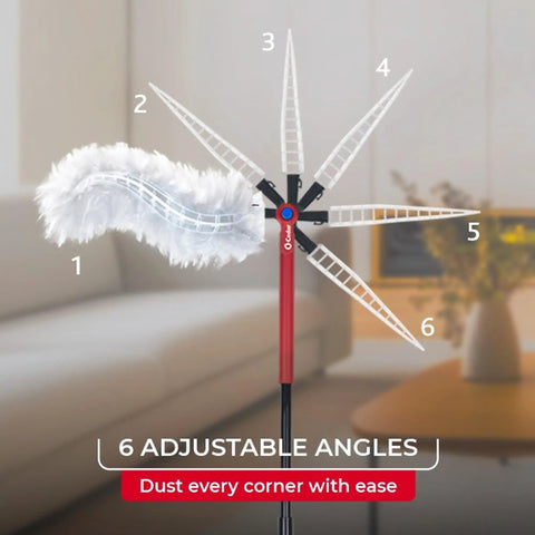 Heavy Duty Dusting Kit With Extendable 3 Ft Handle And Stay On Duster Hook Includes 3 Disposable Refills Traps 3X More Dust Than Feather Dusters Pro Grade Flexible Cleaning Fibers For Home Or Garage Cleanups with adjustable angles feature, displayed in living room setting.