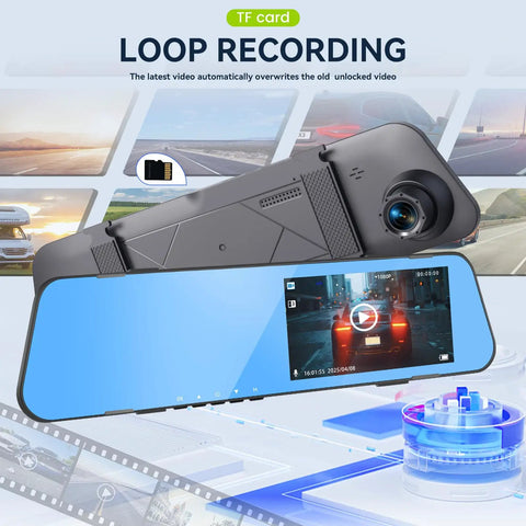 4.5 Inch Mirror Dash Cam With Front And Rear Cameras 1080P Display Dual Lens Loop Recording feature shown