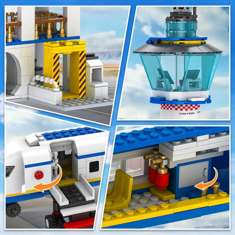 Six In One City Airport Airplane Building Set With 886 Pieces for STEM Learning showing control tower and terminal details