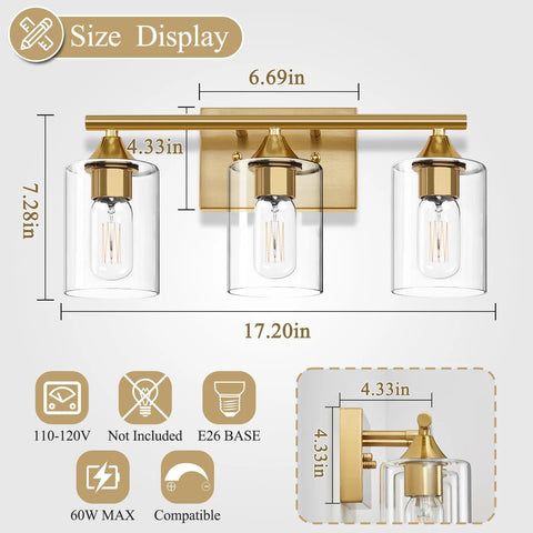 Size display of three light vanity light fixtures matte black finish with clear glass shades farmhouse style wall lamp.