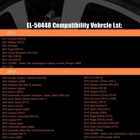 GM TPMS Relearn Tool For Tire Sensor Activation EL-50448 compatibility chart for various 2011 and 2012 vehicles.