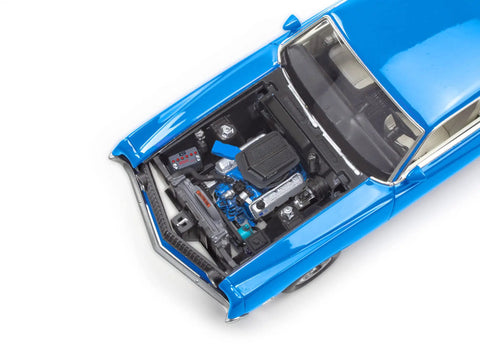 Top view of engine detailing in 1970 Ford Torino Cobra Model Car Kit 1:25 Scale 128 Piece Skill Level 4 Featuring Big Block 429 Cobra Jet V8