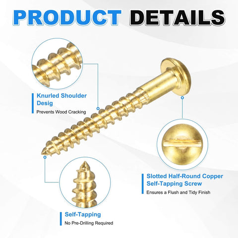 Brass Round Head Wood Screws M3 X 25mm Slotted Self-Tapping, 60 Pcs, with knurled shoulder, shown in detail