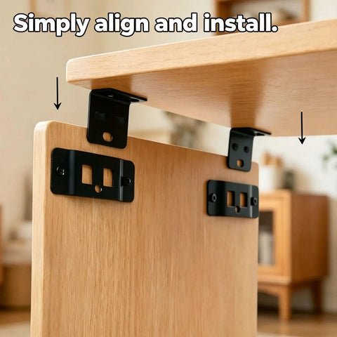 Heavy Duty Quick Fit Furniture Joint Brackets Set 4/8/16/32 Pcs, Rustproof Stainless Steel Removable L Shape Fasteners shown on furniture.