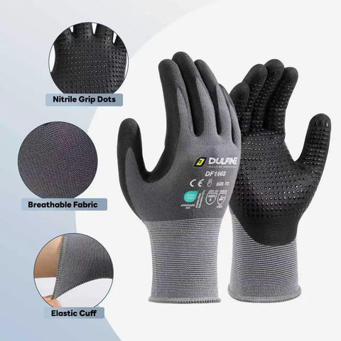 Durable Work Gloves For Men And Women Gray Nylon With MicroFoam Nitrile Coating 6 Pairs Pack Anti Slip Palm Dots For Extra Grip