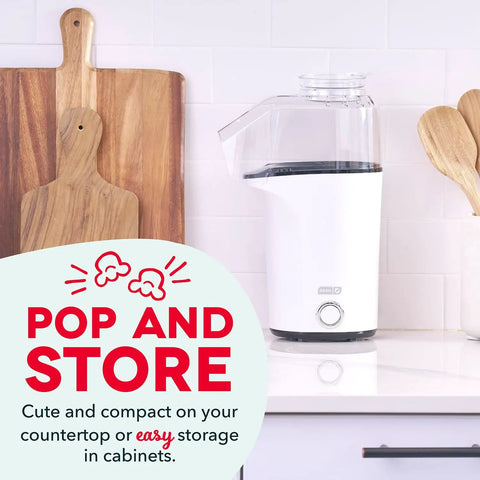 Fast 3 Minute Oil Free Hot Air Popcorn Maker 16 Cup Capacity Electric Popper Machine Crisp white finish on countertop with utensils.
