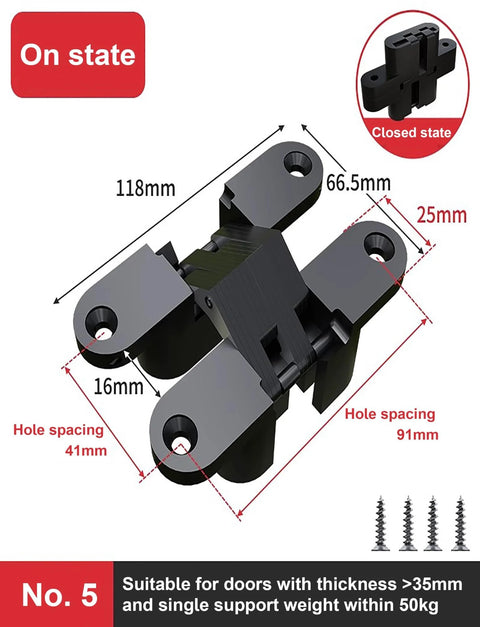 Invisible Cabinet Hinges 2 Pack 180 Degree Cross Hinges for Kitchen Cabinets Zinc Alloy Concealed Door Hinge Set, dimensions labeled.