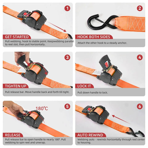 Kickass Grip Retractable Tie Down Straps With Smooth Butter Rewind For Zero Slap Back Mess One Inch By Ten Foot operations guide.
