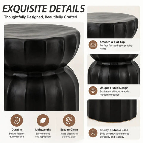 Chinese Style Ceramic Garden Stool And Drum Side Table For Patio, decorative black porcelain with unique fluted design.
