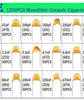 1200Pcs 24 Value Multilayer Ceramic Capacitor Kit With Storage Box MLCC Assortment From 10pF To 10uF, labeled set overview.