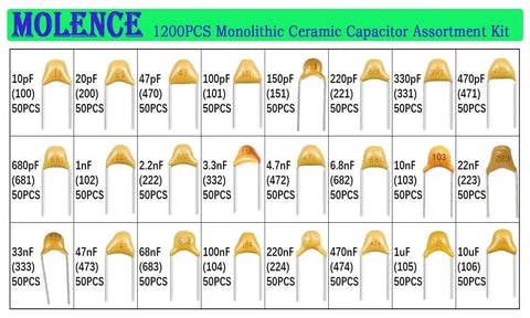 1200Pcs 24 Value Multilayer Ceramic Capacitor Kit With Storage Box MLCC Assortment From 10pF To 10uF, labeled set overview.