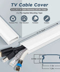 Ultimate TV Cord Hider Kit For Wall Mounted TVs, 62.8 Inch PVC Cable Concealer in white with wire raceway diagram and cables.