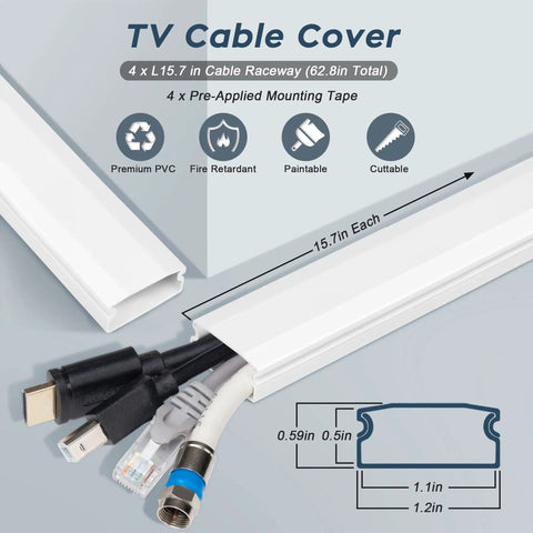Ultimate TV Cord Hider Kit For Wall Mounted TVs, 62.8 Inch PVC Cable Concealer in white with wire raceway diagram and cables.