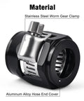 Close-up of black 6AN hose finisher clamp with aluminum alloy cover and stainless steel worm gear, adjustable 10-16 mm