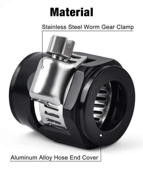Close-up of black 6AN hose finisher clamp with aluminum alloy cover and stainless steel worm gear, adjustable 10-16 mm