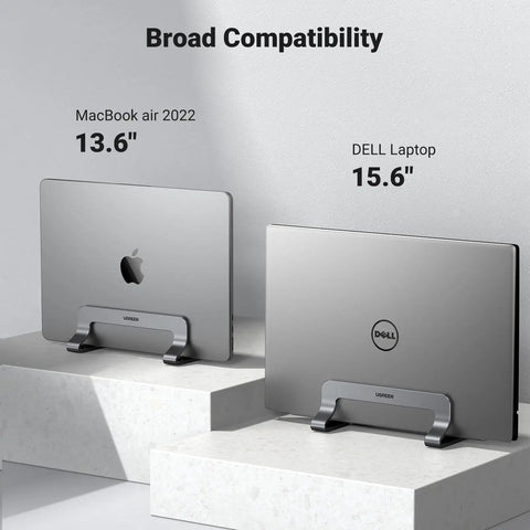 Vertical Laptop Stand For Desk, Aluminum Holder, Space Saving Mount holding MacBook Air 13.6 inch and Dell 15.6 inch laptops