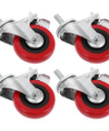 Four Piece 3 Inch Stainless Steel Swivel Caster Wheels With Twin Locking Brakes For Heavy Duty Industrial Trolleys Wire Shelving And Shop Furniture Smooth Rolling Zero Sweat Install Tough As Nails Grip, red wheels with metal casing.