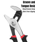6.5 Inch Slip Joint Pliers With Groove Joint Function, close-up of jaws and ergonomic grip, heavy duty steel, nickel chromium plated