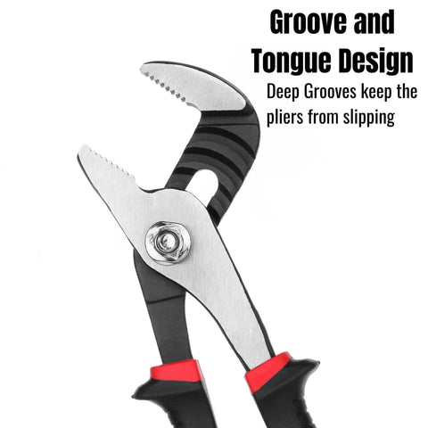 6.5 Inch Slip Joint Pliers With Groove Joint Function, close-up of jaws and ergonomic grip, heavy duty steel, nickel chromium plated