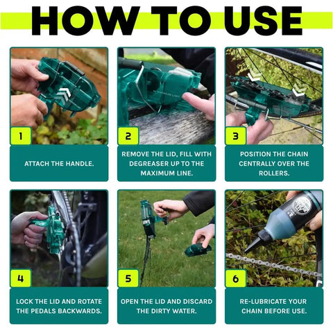 Step-by-step guide using Green Handheld Bike Chain Cleaner Tool No Chain Removal Needed Quick Efficient Clean on a bike.
