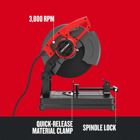 Workhorse 14 Inch Corded Chop Saw With 15 Amp Motor And 3800 RPM, Spindle Lock For Quick Wheel Changes, High Overload Capacity, Safe Metal Cutting Saw For Precise Cross Cuts And Miters