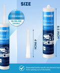 RV Roof Sealant Kit 4 Pack Self Leveling Lap Sealant In White shown in 10.1 fl oz size with nozzle and dimensions.