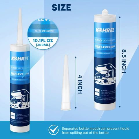 RV Roof Sealant Self Leveling White Two Pack Lap Caulk For Roofing 10.1 fl oz tube next to 4-inch nozzle