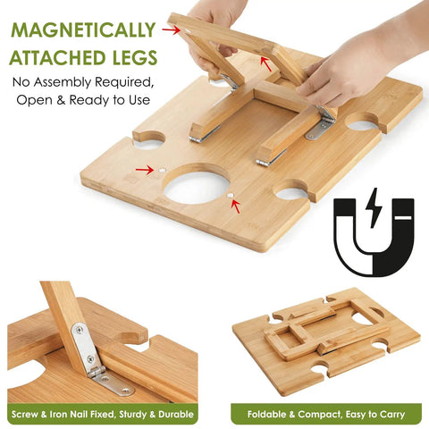 Portable Wine Picnic Table With Five Glass Holders Foldable Snack Tray for cheese and charcuterie with magnetic legs visible