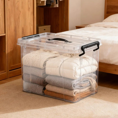 Big Boss 90 Quart Clear Plastic Storage Bins 8 Pack With Snap On Lids heavy duty jumbo tote holding neatly folded blankets.