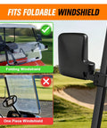 Top Shelf Heavy Duty Golf Cart Side Mirrors featuring a straight up easy no sweat roof mount beside a folding windshield.