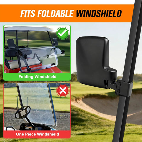 Top Shelf Heavy Duty Golf Cart Side Mirrors featuring a straight up easy no sweat roof mount beside a folding windshield.