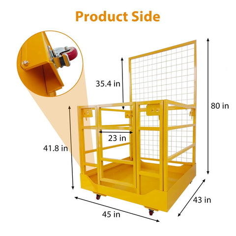 Forklift safety cage with wheels, Amazon brand yellow steel frame; 43x45 in base, 1400 lb capacity