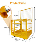 Straight Up Heavy Duty Forklift Safety Cage With Collapsible Basket And Lockable Swivel Wheels For Aerial Work Platforms 43 By 45 Inches 1400 Lbs side view showing dimensions and features.