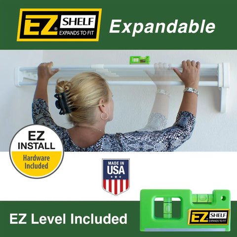 Expandable Closet Shelf And Hanging Rod System Adjustable From 17.5 To 27 Inches White Finish being installed with level