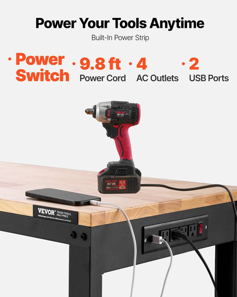 Heavy Duty Adjustable Workbench With 2000 Lb Capacity 61 By 20 Inch Surface Height Adjustable From 27.1 To 36 Inches Built In Power Outlets with drill and phone