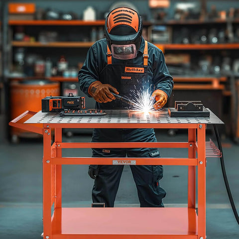 Welder using Beefy 40-Inch By 24-Inch Welding Table On Wheels With 800 Lbs Static Load And 600 Lbs Dynamic Capacity in workshop