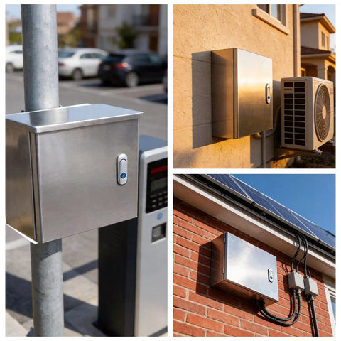 IP55 Weatherproof Junction Box Enclosure For Outdoor Electrical Cables All Weather Tough As Nails 24 In High 8 In Wide 30 In Long With Removable Mounting Plate Stainless Steel Cabinet Dust Seal And Water Drainage For PV Network And Industrial Use. Stainless steel outdoor junction box on pole and wall for PV cables and HVAC