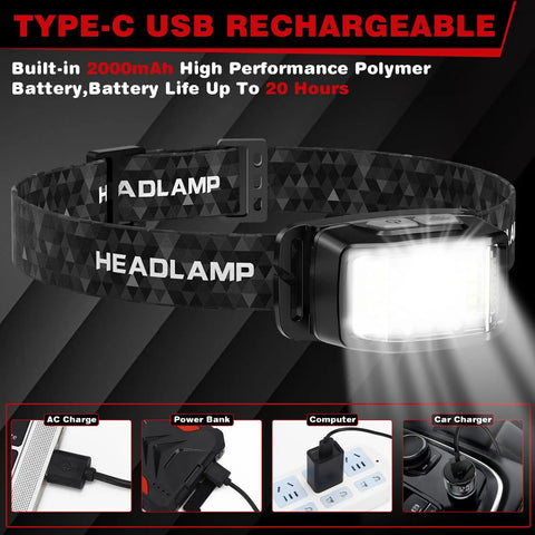 Two Pack Rechargeable Headlamp With Beast Mode 2000 Lumen LED 16 Modes Motion Sensor IPX6 Waterproof Lightweight Headlamp featuring Type-C USB charging and adjustable strap