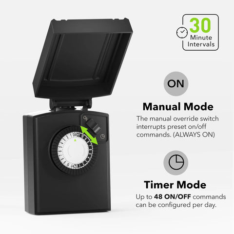 Heavy Duty Outdoor Mechanical Timer With Two Grounded Outlets Waterproof Built To Last 30 Minute Interval Programmable
