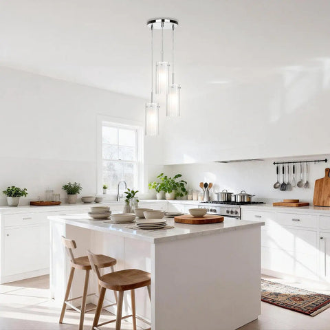 Modern Chrome Pendant Light With Clear Glass Cylinder And Frosted Inner Shade, 1 Light Hanging Fixture in white kitchen