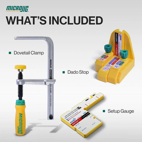 GRR-RIPPER MF-1004 Match Fit Dado Stop Pro Kit showing Dovetail Clamp, Dado Stop, and Setup Gauge for precise dados.