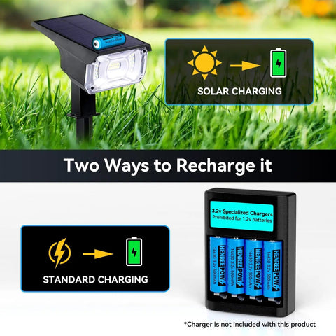 Two charging options for 14430 3.2V Rechargeable LiFePO4 Battery 500mAh: solar and standard, shown with solar light and charger.