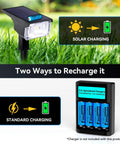 Image showing two charging methods for 14430 LiFePo4 3.2V Rechargeable Battery Pack 500mAh for outdoor solar garden lights.